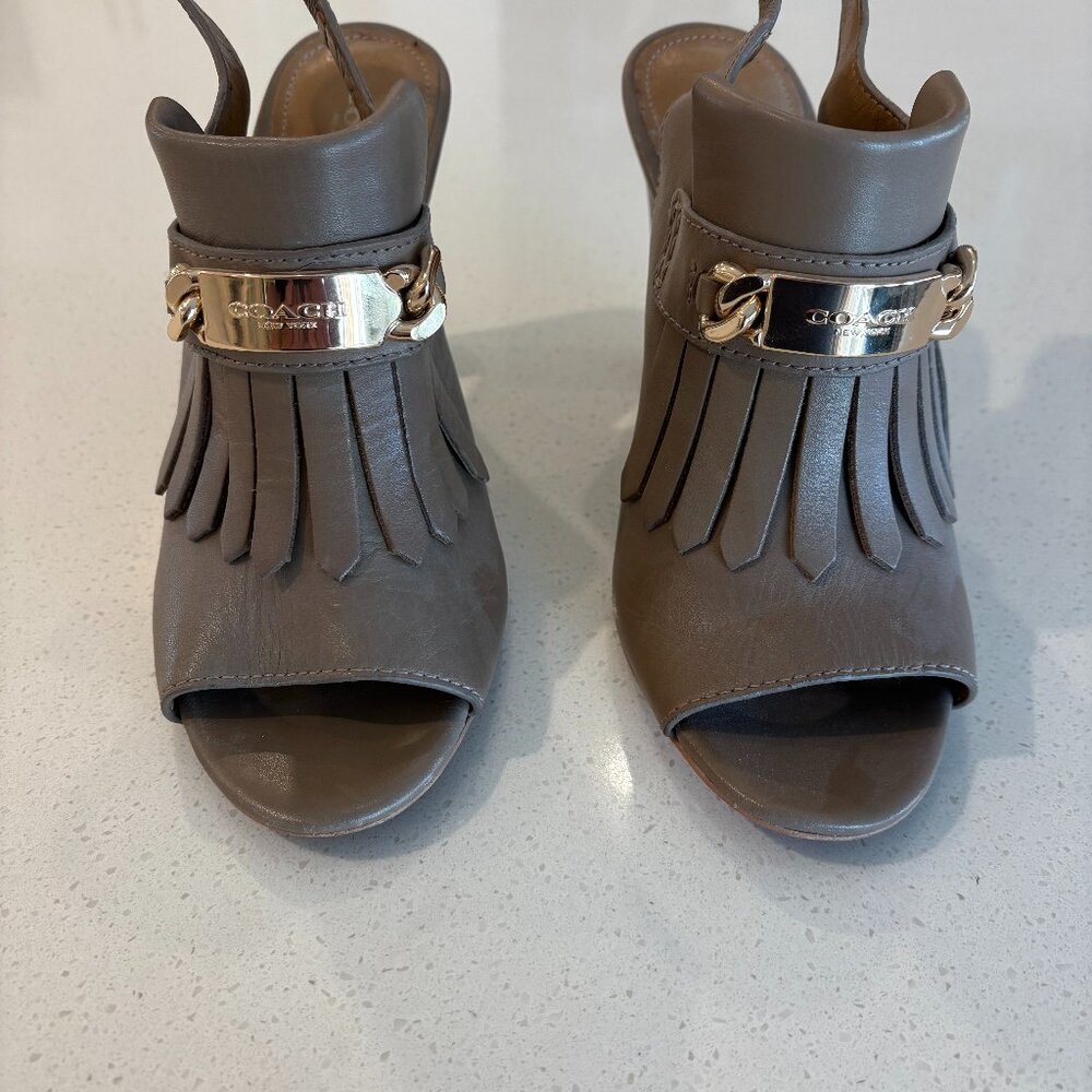 Coach Renita Taupe Leather Fringe Slingback Heels — Open Toe, Sz 9B, Pre-Owned